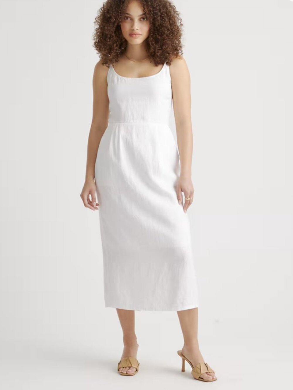Luxe Linen Scoop Neck Midi Dress in White